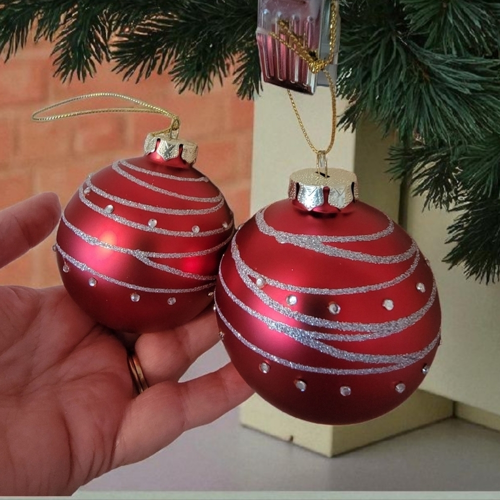 Vintage Christmas Set Of 2 Red and Silver 3" Glass Ball Tree Ornaments
